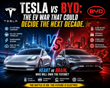 Tesla vs BYD EV comparison poster showing a futuristic battle between Tesla's AI and software leadership and BYD's battery technology and manufacturing power, representing the future of electric vehicles.